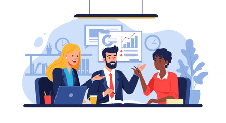 A diverse team collaborates on a business presentation, using a laptop and discussing marketing strategies in a modern office, designed with a flat illustration style.