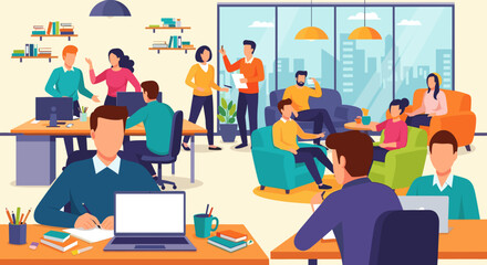 Naklejka premium A vibrant and modern office space illustration featuring diverse professionals collaborating, ideal for use in web design, marketing materials, or corporate presentations.