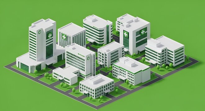 An isometric illustration showcasing a cluster of contemporary medical facilities and hospitals