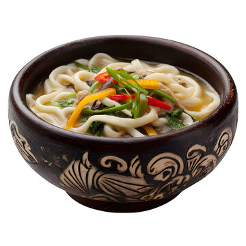 Tibetan thenthuk noodle soup with hand-pulled dough and vegetables in yak-decorated bowl, isolated on a white background