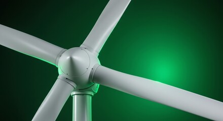Close-up of Modern Wind Turbine Blades with Green Lighting in Night Setting