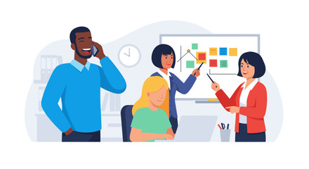A diverse business team collaborates on a strategic marketing presentation in a modern office environment, depicted in a clean flat design illustration.