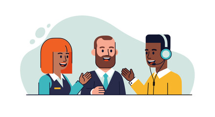 A diverse group of business professionals collaborate, sharing ideas and offering support, illustrated in a dynamic flat design style against a soft, inviting background for marketing and web design