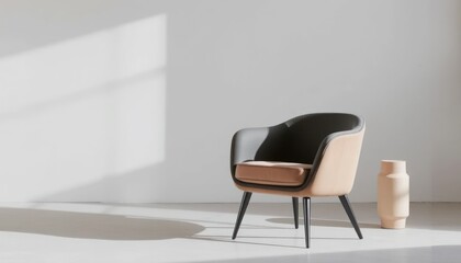 Modern chair and vase against a white wall with natural light, minimalist interior