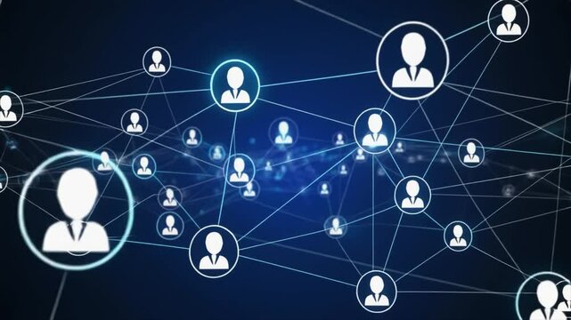 Abstract digital network of interconnected user profiles on a vibrant blue and purple background with glowing nodes and lines - Powered by Adobe