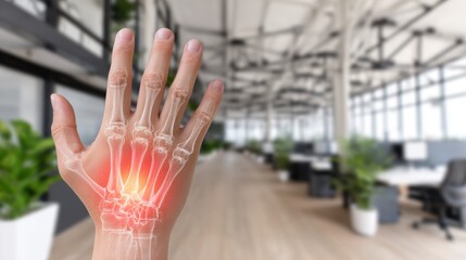 Office worker experiencing wrist pain highlighted with x-ray view