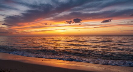 Sunset Over Calm Ocean Beach with Vibrant Colors and Dramatic Sky