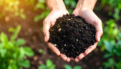 Flat lay of hands holding dark, moist compost with visible organic textures