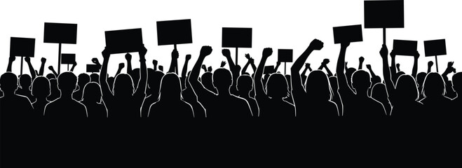 Crowd of protesting people silhouette holding banners and placards, political demonstration or activist protest illustration for social justice content
