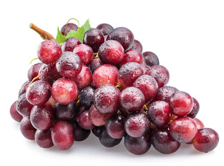 Cluster of red table grape covered with small water drops isolated on white background.