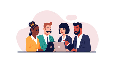 Diverse team collaborates on a business project using laptops, showcasing modern flat design for corporate presentations and web.