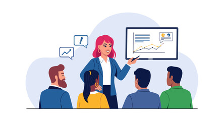 A vibrant illustration depicts a businesswoman presenting data on a screen to a diverse group, showcasing marketing strategies and business growth in a modern corporate environment.