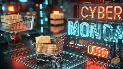 Cyber Monday shopping event with neon lights and digital displays in a futuristic virtual marketplace