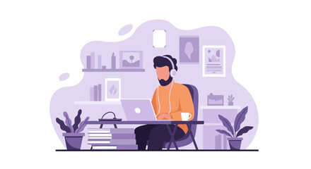 A modern flat design illustration of a man working from home, using a laptop at his desk, surrounded by plants and books, perfect for a website banner.