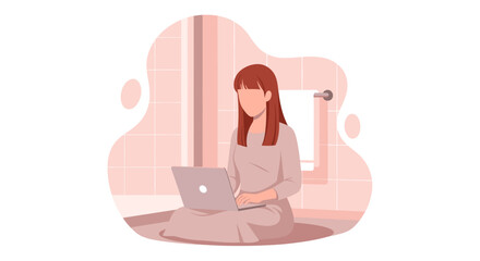 A young woman is sitting cross-legged on the floor, working on her laptop in a modern, minimalist room, possibly designing a website or preparing a presentation.