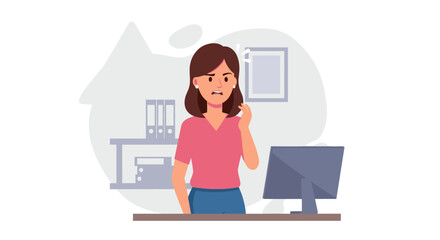 Frustrated woman in pink shirt gesturing in front of her computer, suitable for landing page, marketing materials, or corporate presentations about workplace stress.