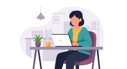 Modern flat design illustration of a woman working on a laptop at a desk, perfect for marketing and web design presentations.