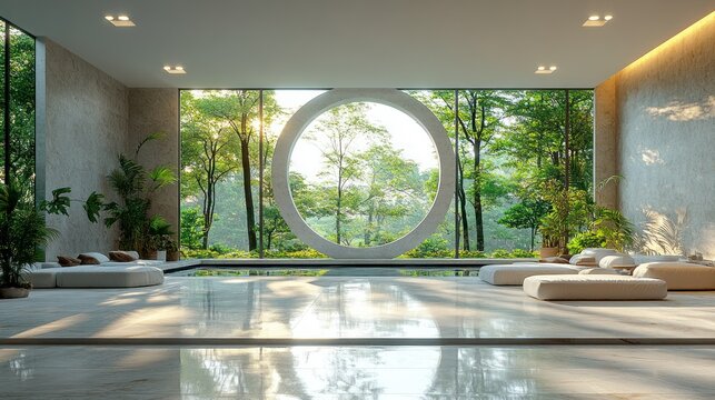Modern spa interior with forest view through circular window