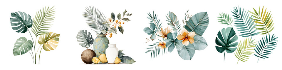 Naklejka premium Tropical Foliage Watercolor Set: Exotic Plant Leaf Art on White