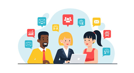 Diverse team collaborates on a modern digital project, discussing ideas with engaging flat design icons for web or presentation.