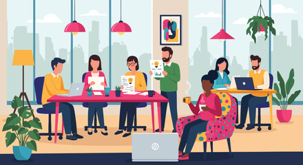 A diverse group of professionals collaborates in a modern office setting, engaged in a presentation and discussions, utilizing laptops and printed materials for marketing and web design purposes.