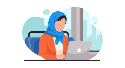 A young woman in a hijab works on her laptop while commuting on public transport, showcasing a modern, connected lifestyle with vibrant flat design elements.