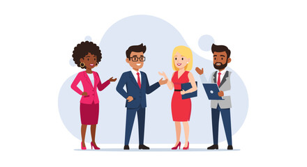 Diverse business team engaging in a friendly discussion, ideal for corporate presentations, marketing materials, and website landing pages showcasing collaboration.