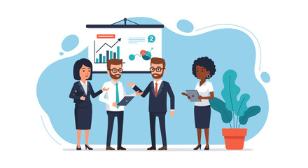 A group of diverse business professionals are engaged in a discussion around a presentation, showcasing a collaborative environment and strategic planning in a modern office setting.