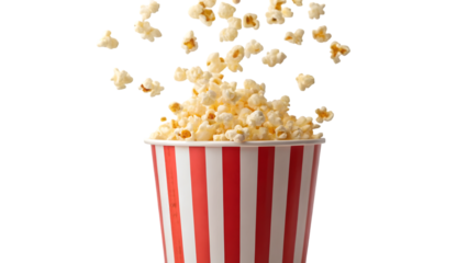 a high resolution widescreen of popcorn flying out of a red and white striped popcorn cup on a transparent background png cut out 51466383 1