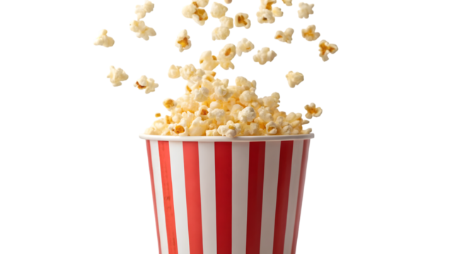 a high resolution widescreen of popcorn flying out of a red and white striped popcorn cup on a transparent background png cut out 51466383 1 - Powered by Adobe