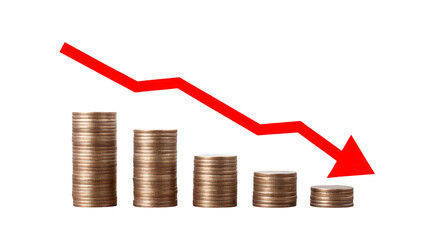 a red downward arrow overlays a series of stacked coins that decrease in size isolated on a transparent background png cut out representing financial loss economic downturn or shrinking inv 65739885 2