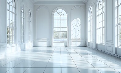 Elegant White Room with Large Windows and Dramatic Sunlight Refl
