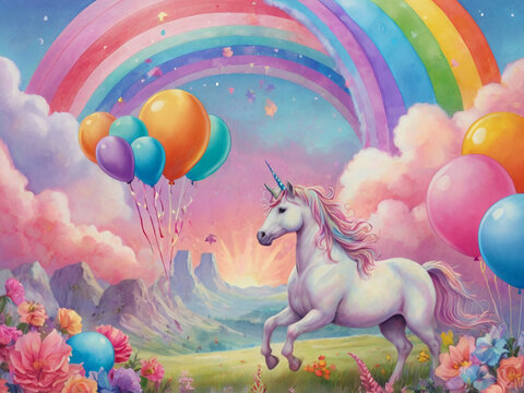 Unicorn galloping under rainbow with balloons and flowers fantasy