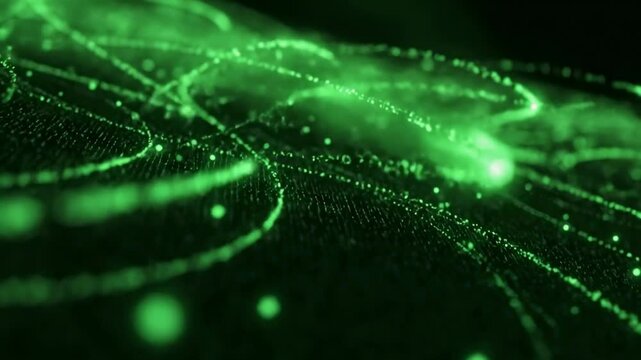 Luminous green dots trace abstract curves on a dark surface creating a techinspired visual effect - Powered by Adobe