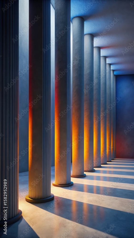 Poster a row of tall columns with light shining through them creating shadows on the floor surface area
