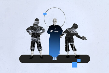 Creative composite sketch collage of aged woman judge hold hammer stand leadership inclusion...