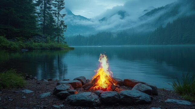 A tranquil lakeside scene with a campfire surrounded by trees and mountains in the background. Seamless looping 4k video background 