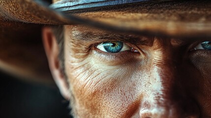 Cowboy wearing leather hat showing intense blue eyes and wrinkled face