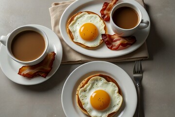 Delicious breakfast spread with pancakes fried eggs bacon and coffee