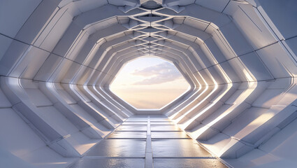 Obraz premium Futuristic hexagonal tunnel with morning light