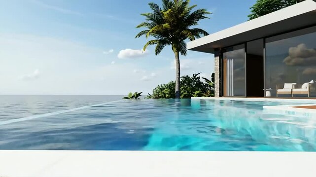 Tranquil tropical villa scene showcasing a luxurious infinity pool on a bright sunny day with lush foliage