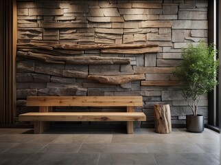 Wild stone cladding wall and wooden bench. Decorative tree trunks composition in rustic style