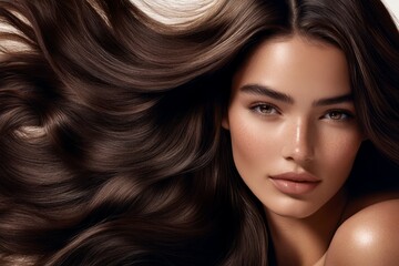 Obraz premium Elegant woman with long wavy hair and soft lighting. Neural network AI generated