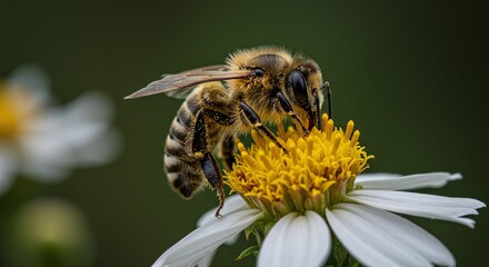 Closeup Bee Pollinating White Daisy Flower in Natural Setting