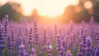 Fototapeta premium Sunlit purple lavender flowers bloom in a serene field at sunset