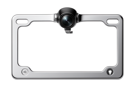 License plate frame rearview camera with adjustable tilt and chrome finish