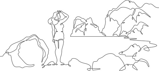 Continuous one line drawing  girl stands waving on a big rock on the seashore. Woman in short shorts on the seashore. Rocks and mountain by the sea. One continuous line isolated minimal illustration