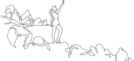 Continuous one line drawing  girl stands waving on a big rock on the seashore. Woman in short shorts on the seashore. Rocks and mountain by the sea. One continuous line isolated minimal illustration
