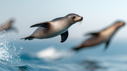 Obraz premium Realistic image of a sea lion diving into the ocean from a rocky cliff with body in mid-air and waves below.