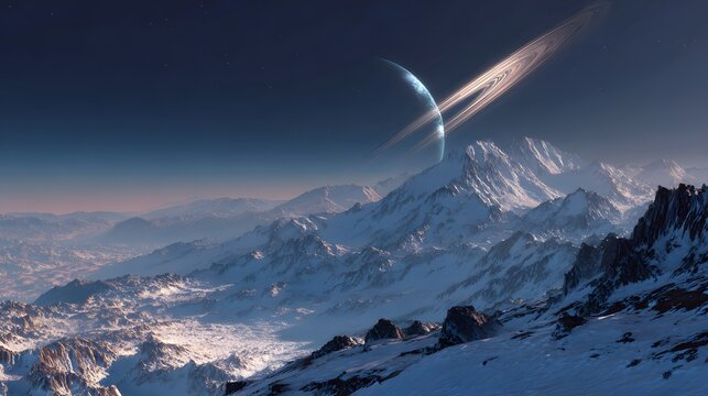 Photorealistic depiction of exoplanets icy mountain range illuminated ringed gas giant the sky with glowing bioluminescent rocks scattered across the terrain and crisp atmospheric haze in the distance
